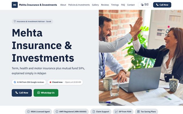Insurance & Investment Advisor design: Mehta Insurance & Investments